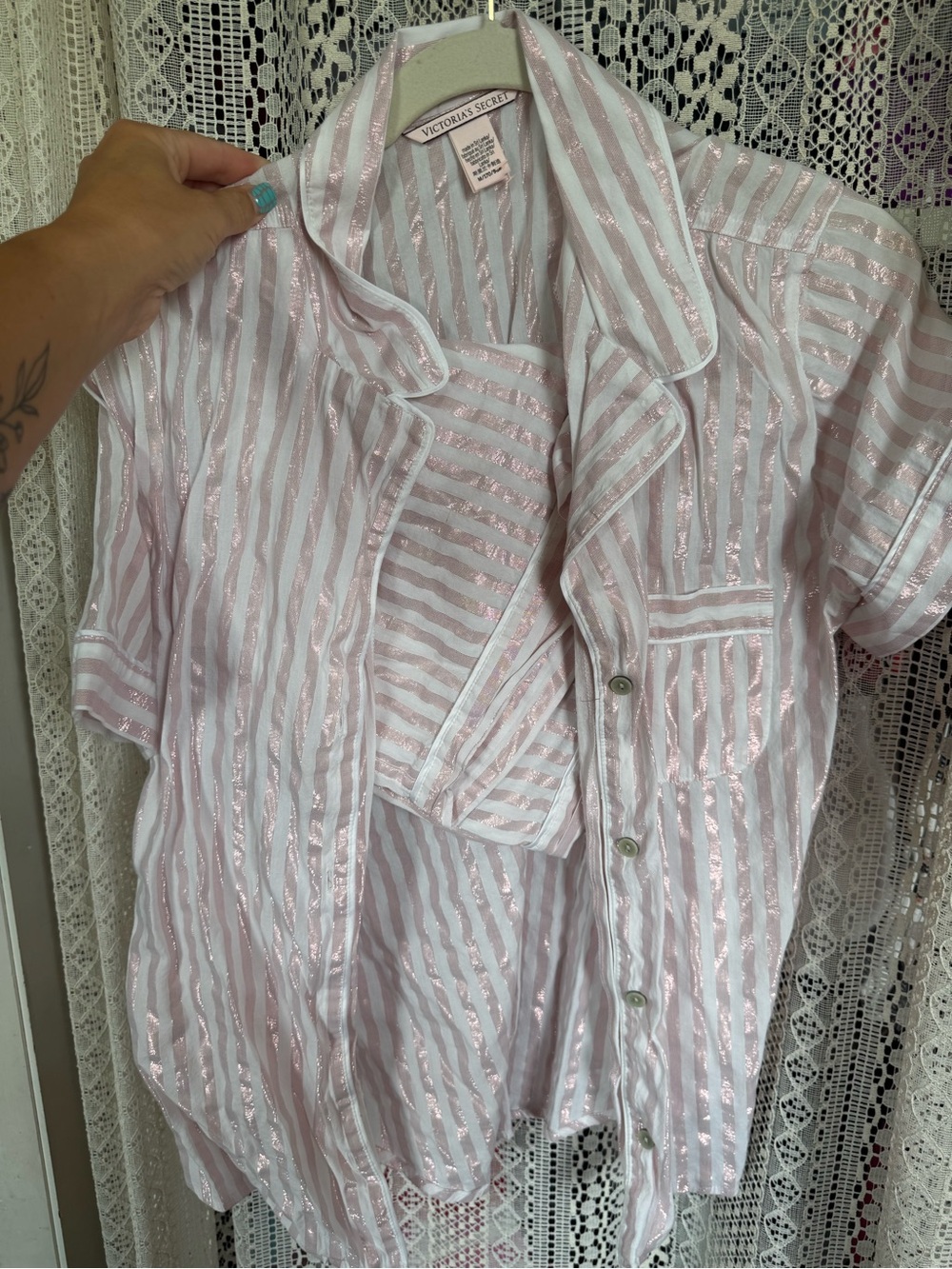 PINK Victoria's Secret Pink and White Striped Short Sleeve Satin Pajama Top